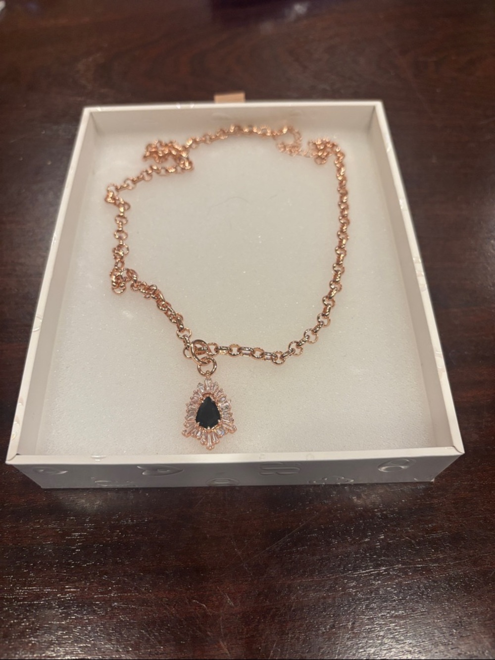 Rose Gold Chain Necklace with Black Onyx Teardrop Pendant